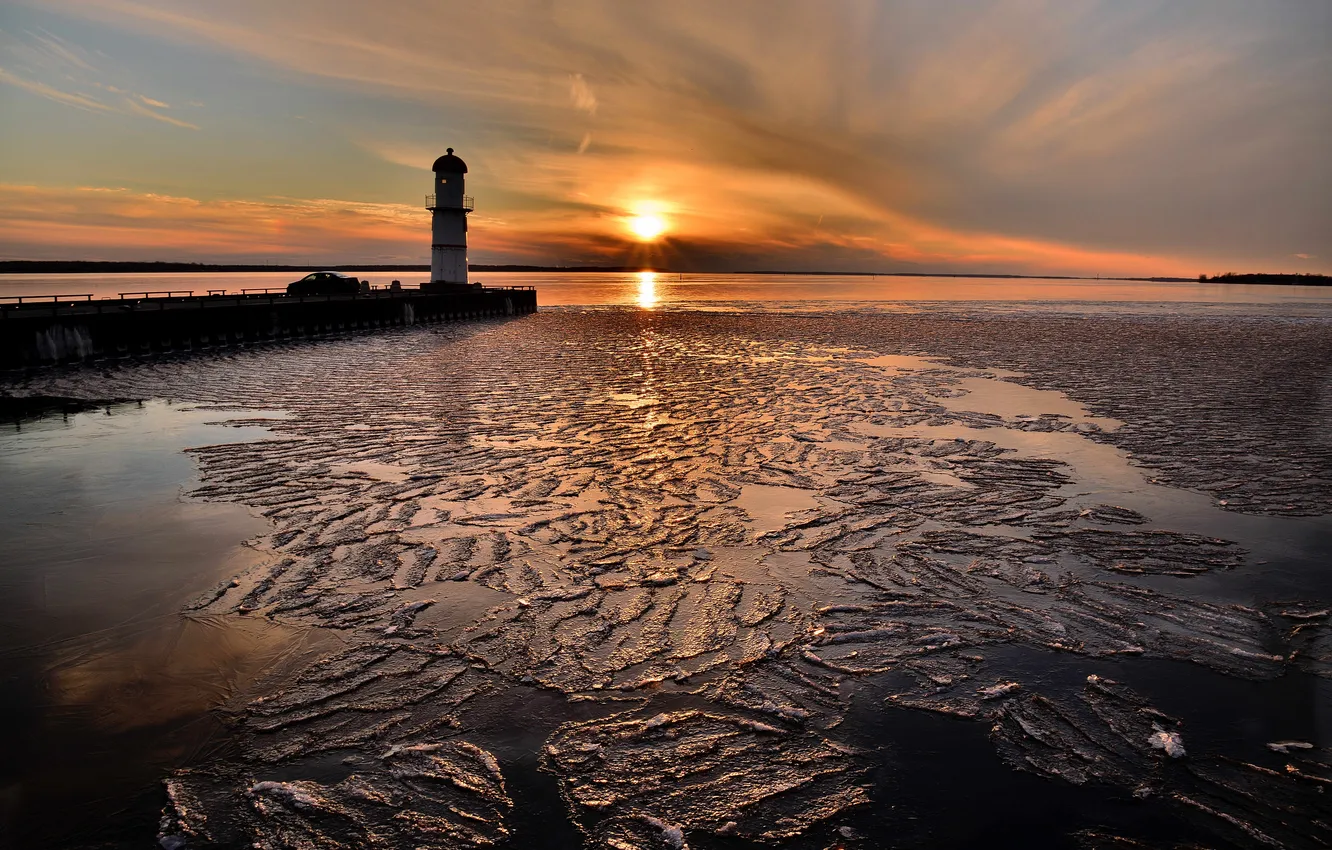 Photo wallpaper ice, the sun, sunset, lighthouse, Bay