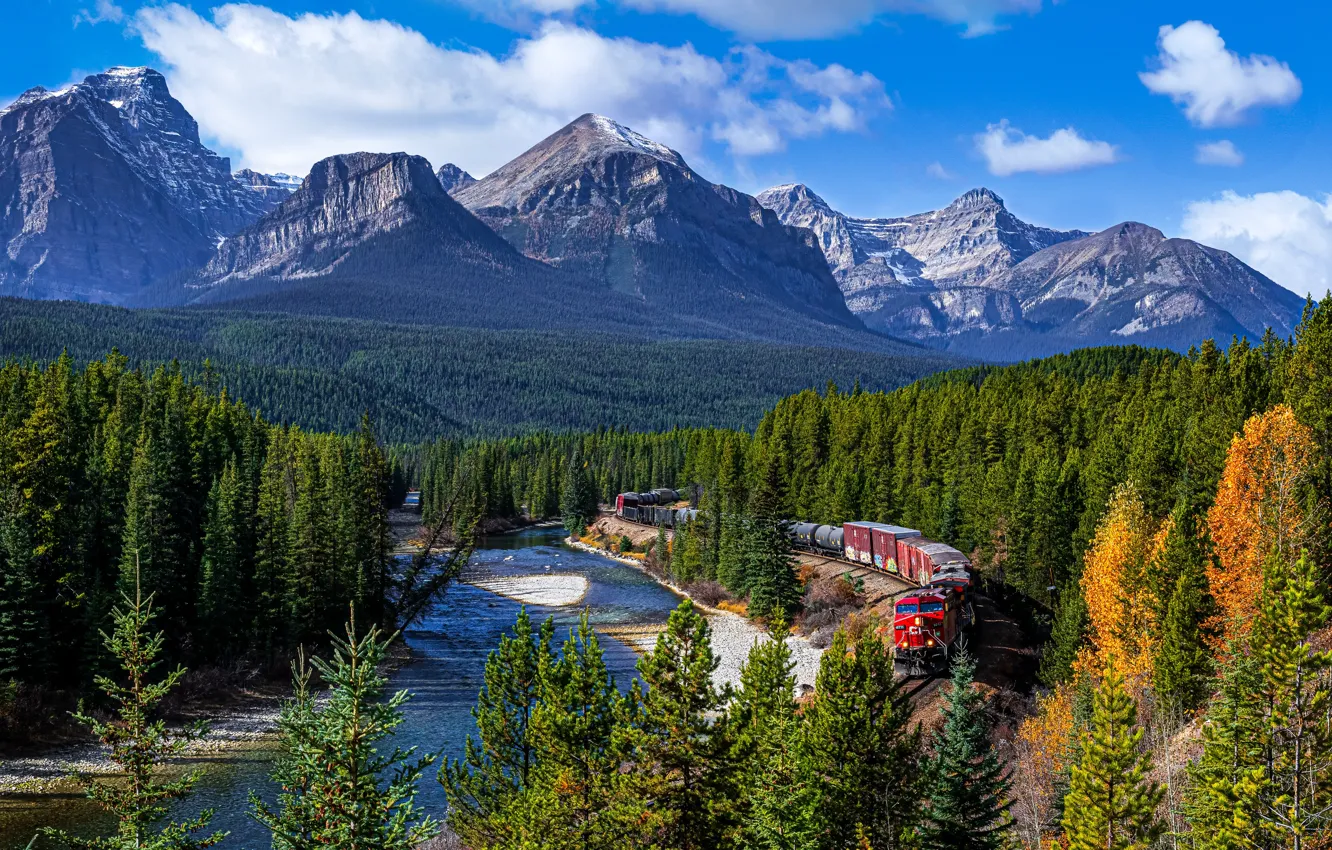 Photo wallpaper forest, trees, mountains, river, train, Canada, Albert, Banff National Park
