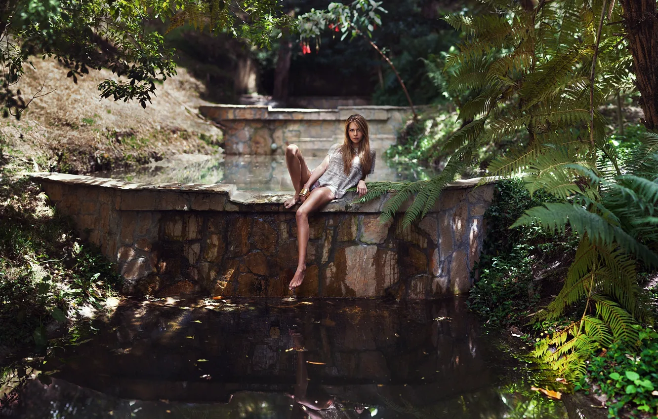 Photo wallpaper girl, romance, plants, legs, photographer, pond, sitting, Carlos Williams