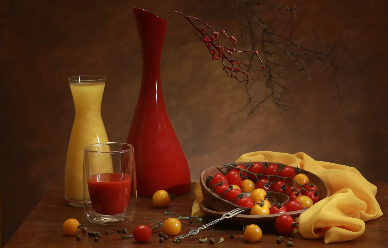 Photo wallpaper glass, flowers, branches, glass, table, glass, food, yellow