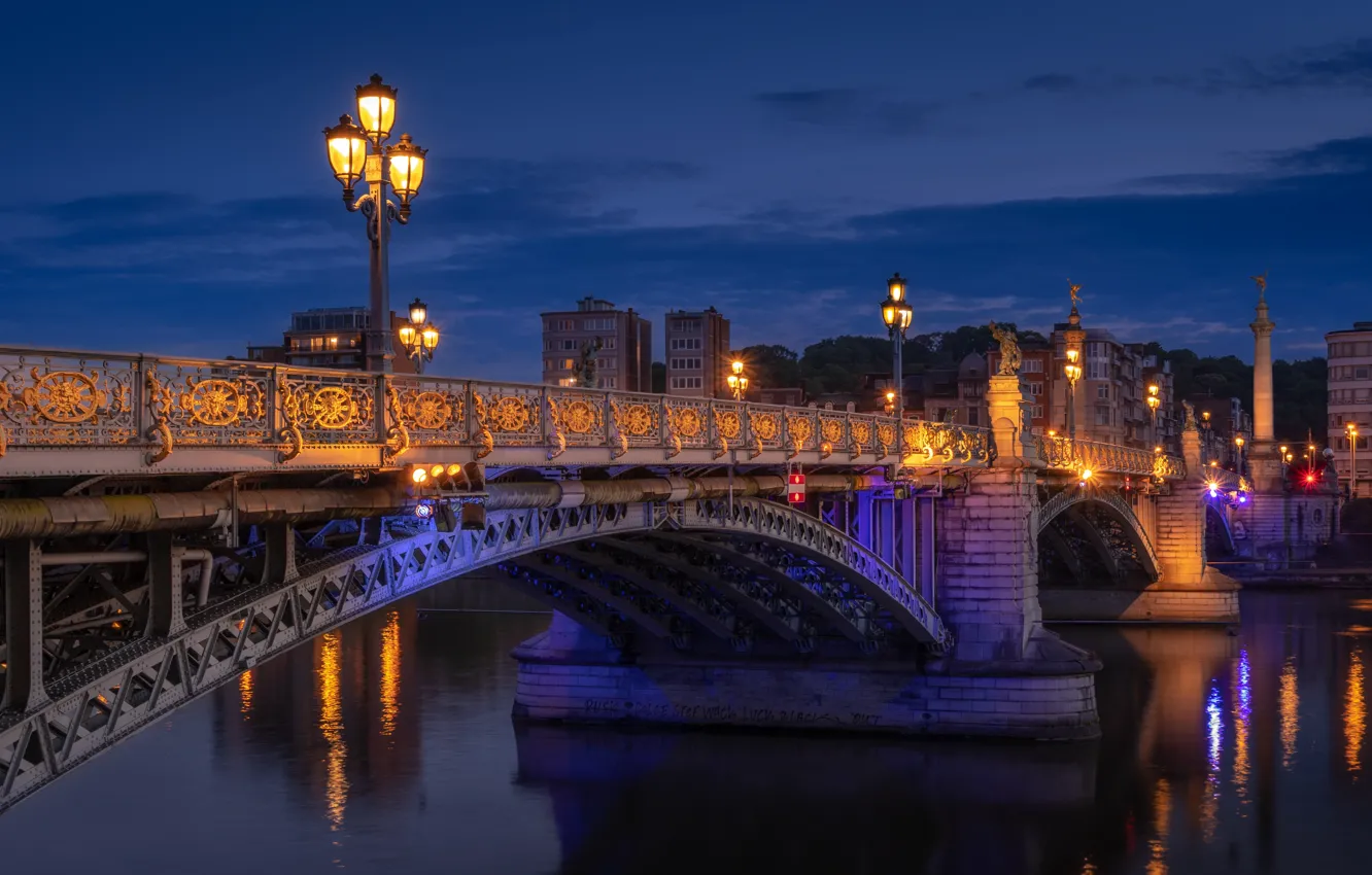 Photo wallpaper bridge, river, building, home, lights, columns, Belgium, night city
