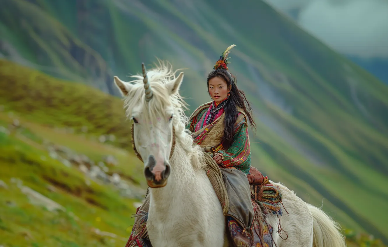 Photo wallpaper white, girl, mountains, nature, horse, woman, horse, slope