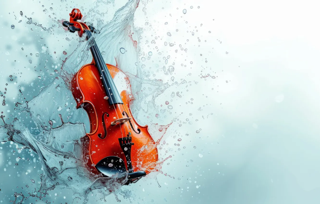 Photo wallpaper water, squirt, music, violin, splash, musical instrument, AI art, neural network