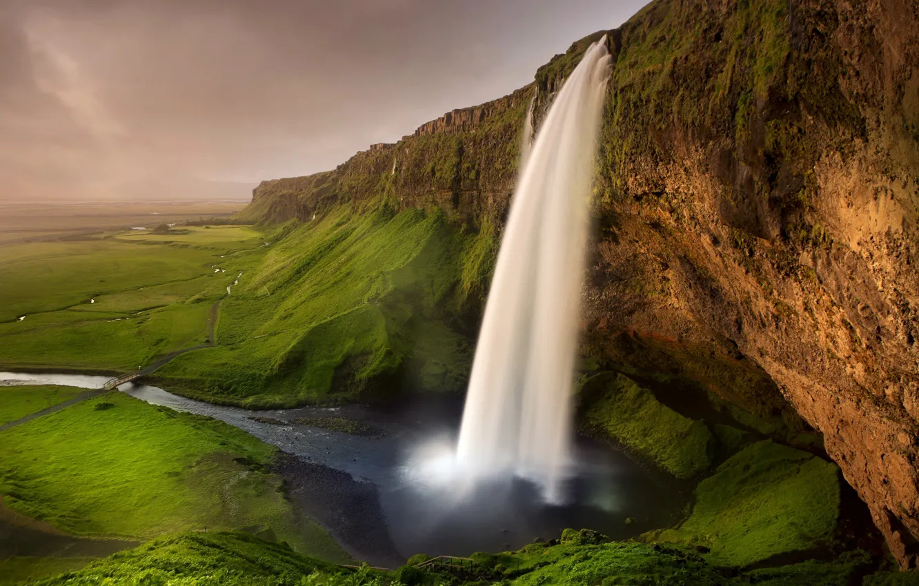 Photo wallpaper greens, rocks, waterfall, trail, river, the bridge, Iceland, Seljalandsfoss waterfall