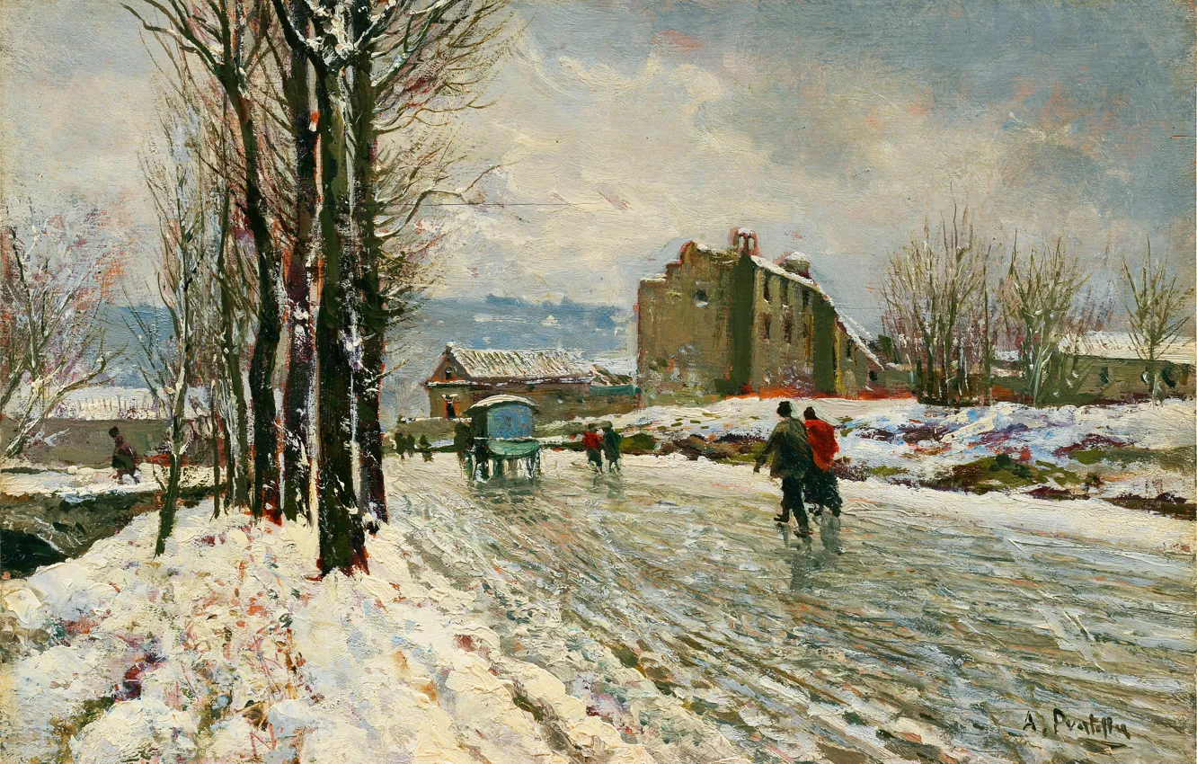 Photo wallpaper winter, road, trees, people, picture, Italian painter, Attilio Pratella, Attilio Pratella