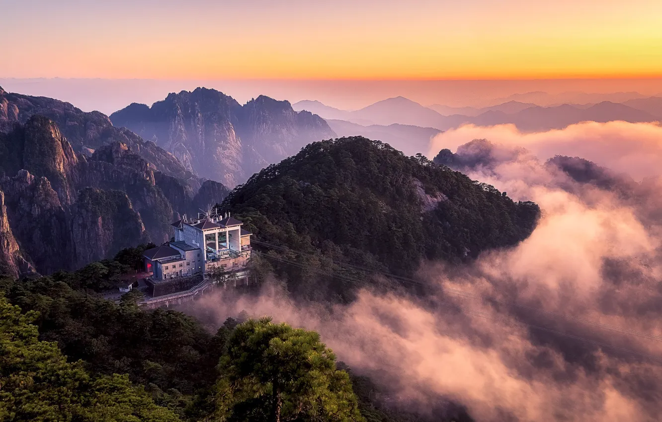 Photo wallpaper clouds, mountains, station, China, cable car, Anhui, Huangshan