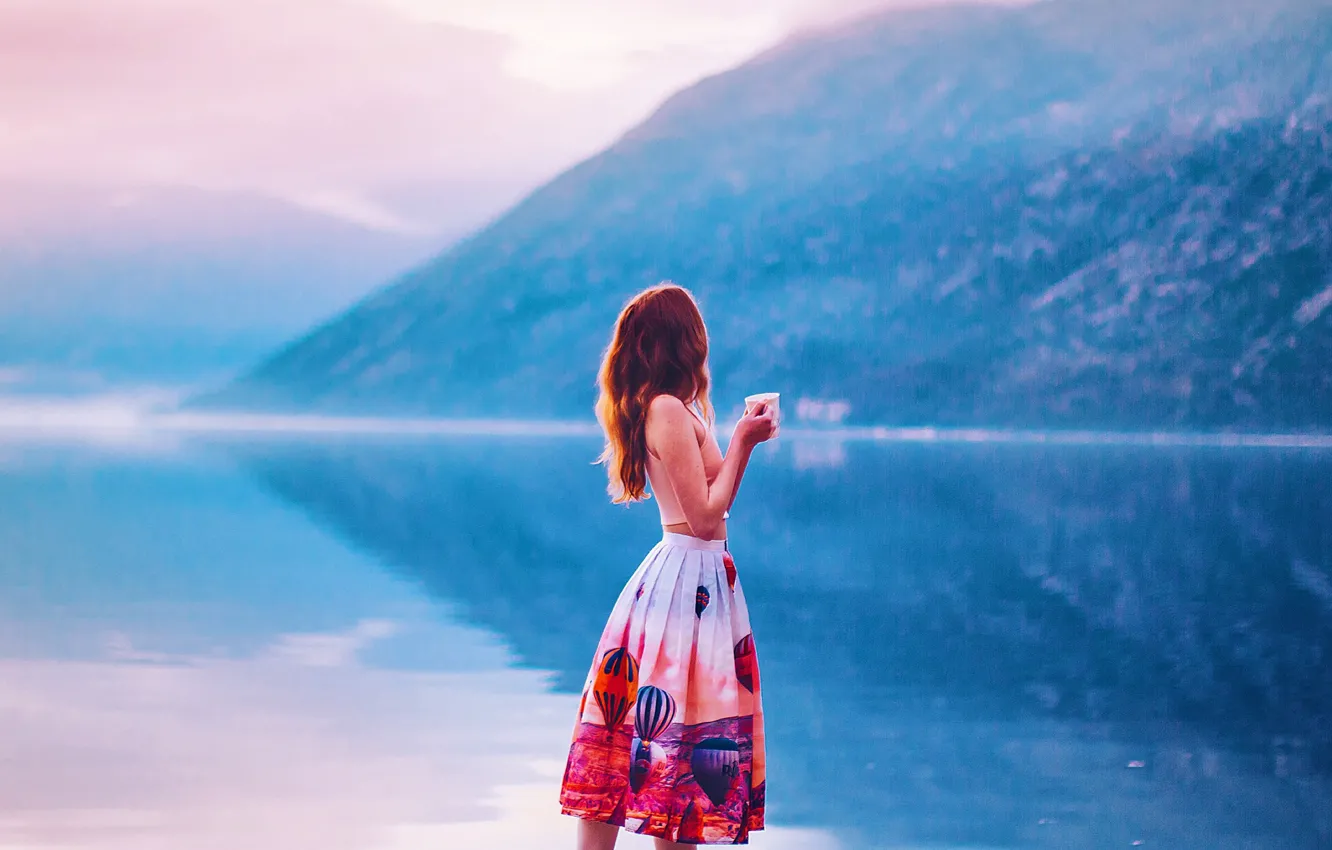 Photo wallpaper girl, mountains, lake, mood, skirt, mug, Kristina Makeeva