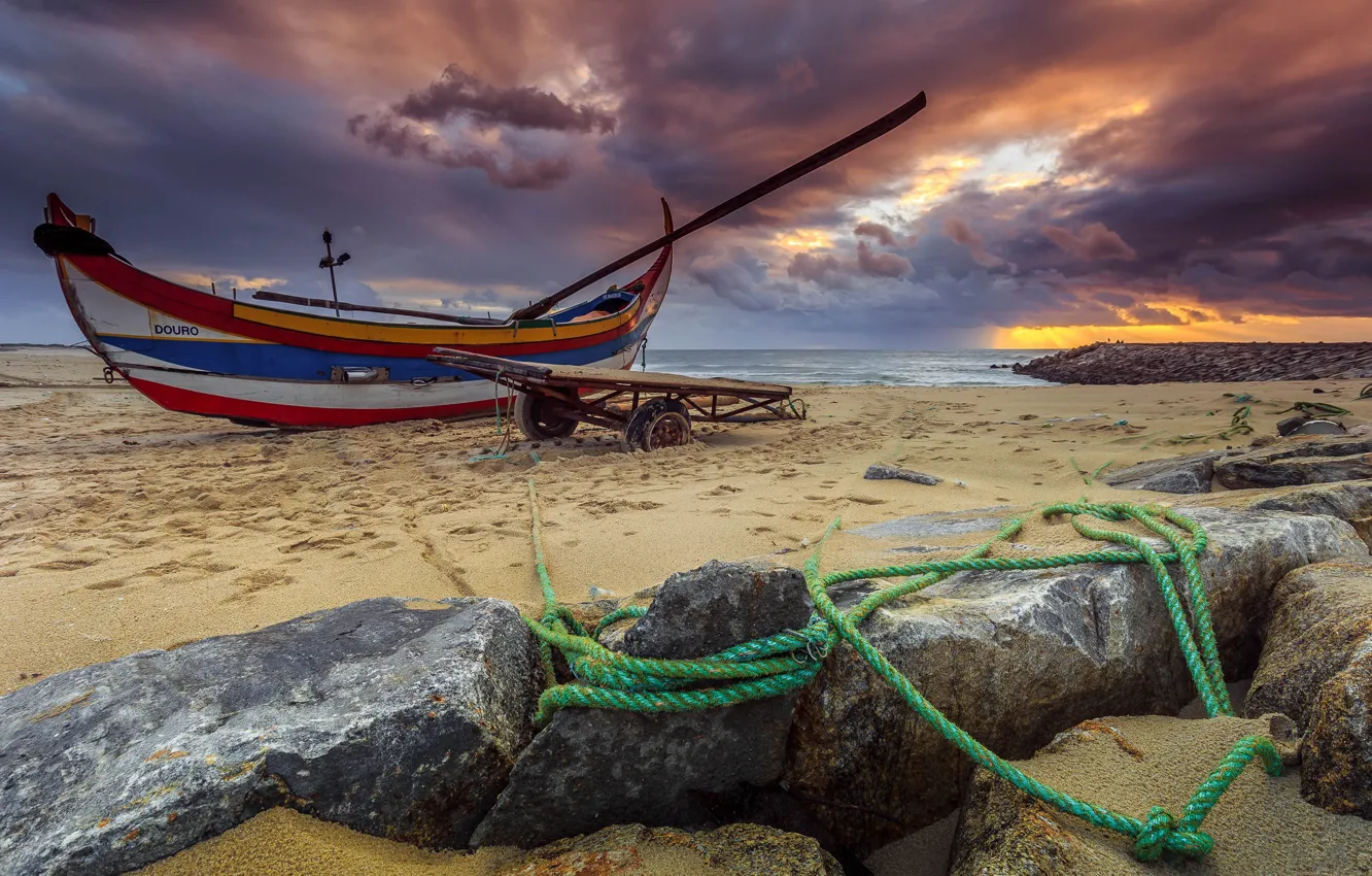 Photo wallpaper stones, shore, boat, rope, rope, cart, pond