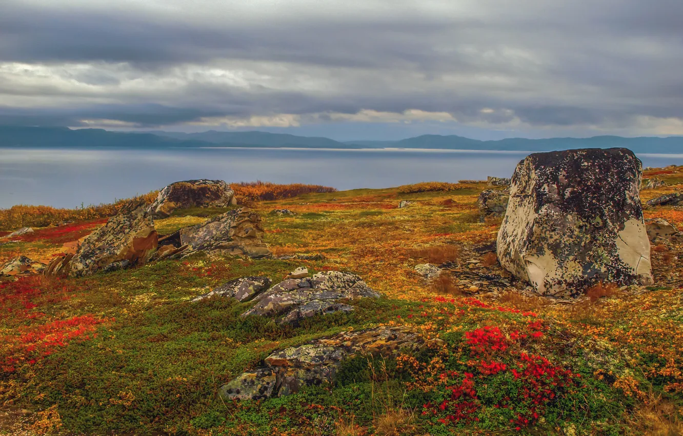 Photo wallpaper clouds, lake, stones, horizon, space, boulders, Murzinov Victor, Autumn in the North