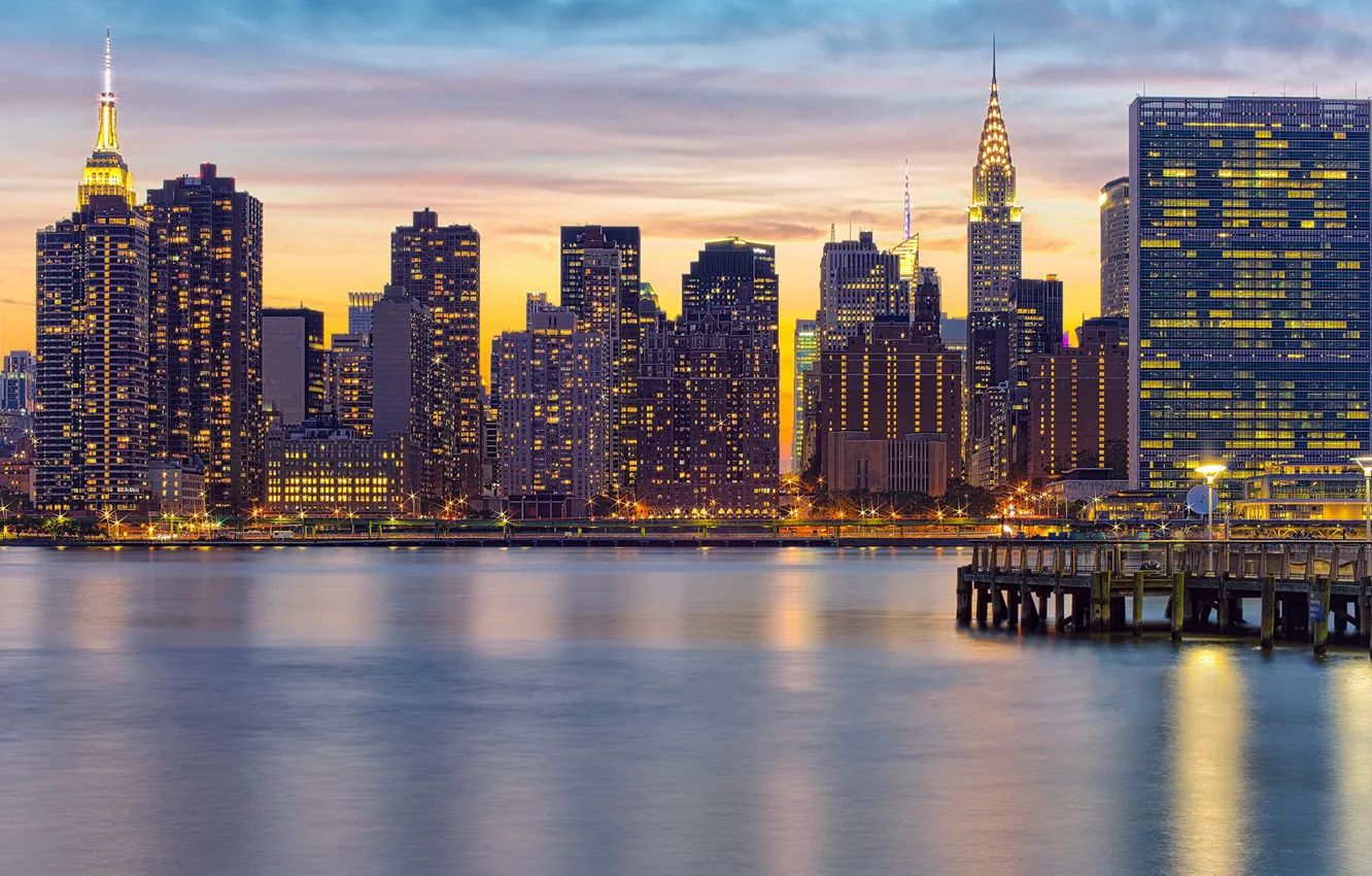 Photo wallpaper city, lights, USA, river, sky, sunset, water, New York
