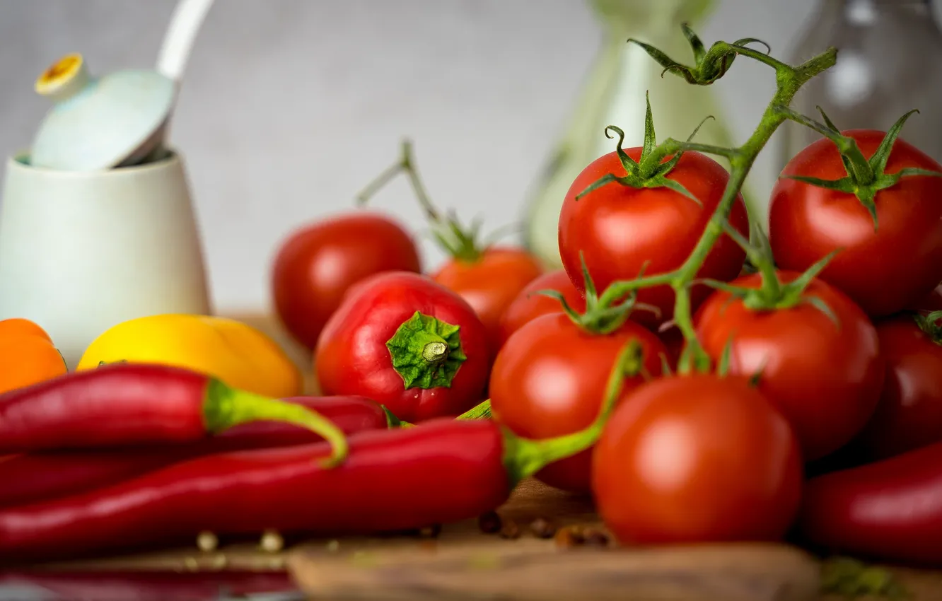 Photo wallpaper pepper, vegetables, tomatoes, tomatoes, bokeh