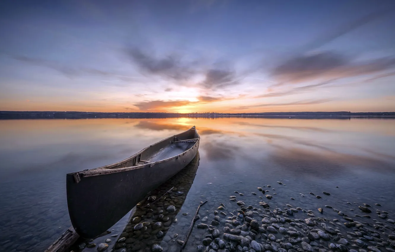 Photo wallpaper sunset, lake, boat