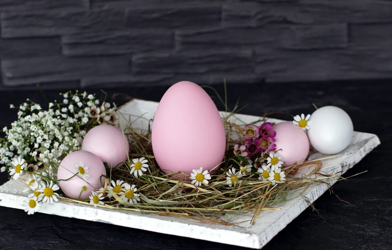 Photo wallpaper flowers, wall, holiday, eggs, Easter, hay, stand, Easter