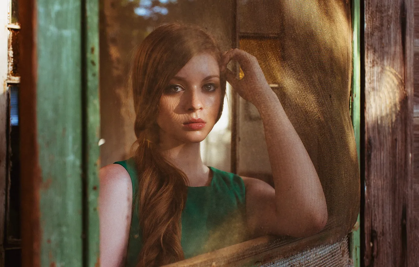 Photo wallpaper background, mesh, portrait, redhead, dress green