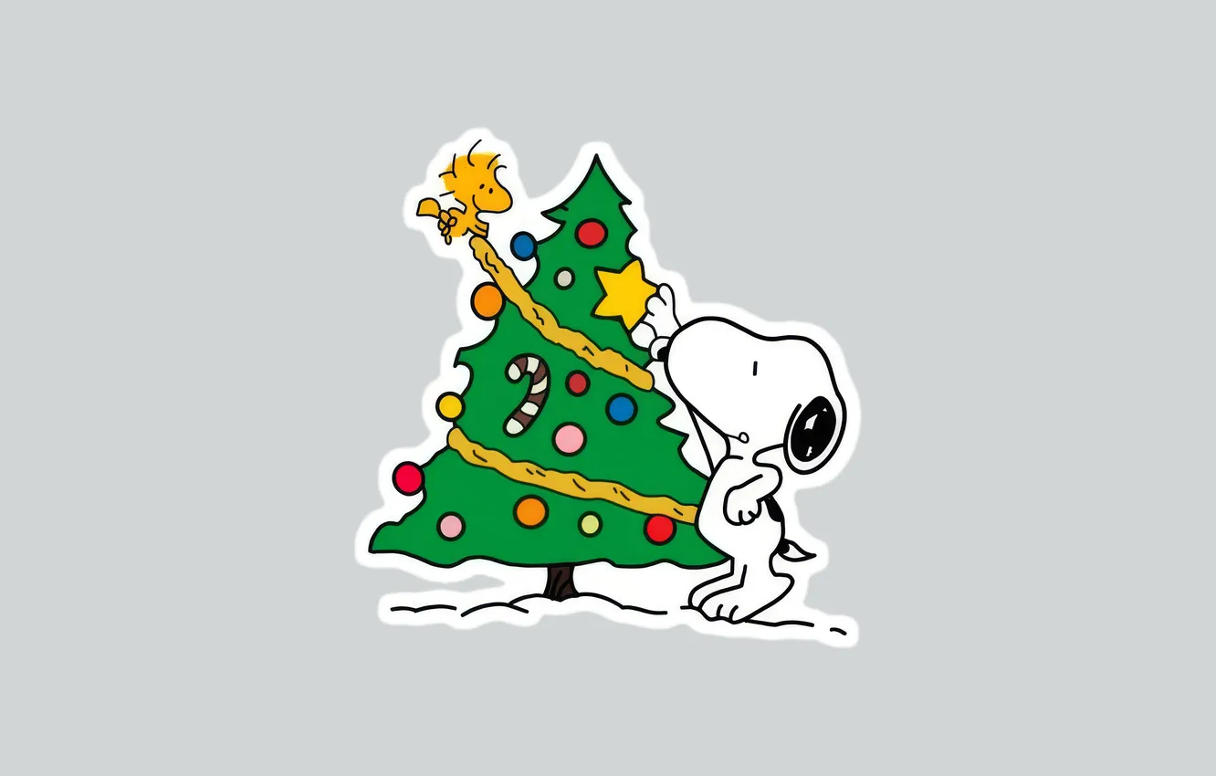 Photo wallpaper Christmas, grey background, Woodstock, Snoopy, Snoopy, decorating the Christmas tree, Little Bird Woodstock, decorating the …