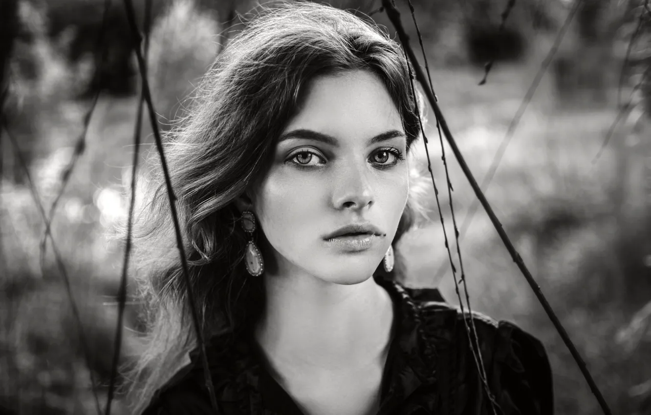 Photo wallpaper look, girl, nature, model, portrait, makeup, hairstyle, black and white