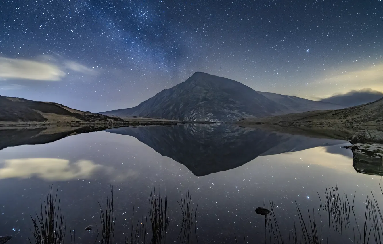 Photo wallpaper the sky, grass, stars, clouds, mountains, night, lake, reflection