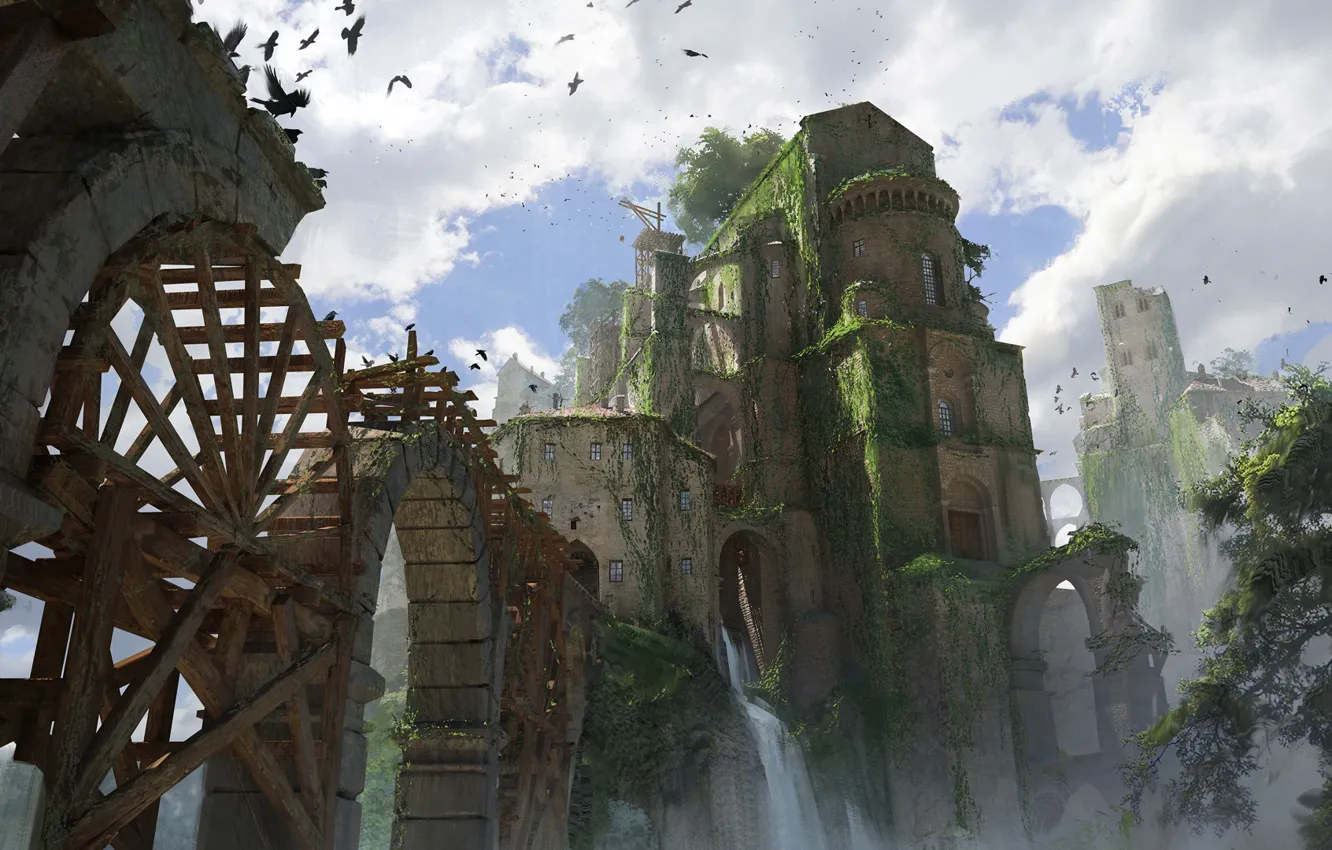 Photo wallpaper castle, bird, waterfall, construction, Abandoned city
