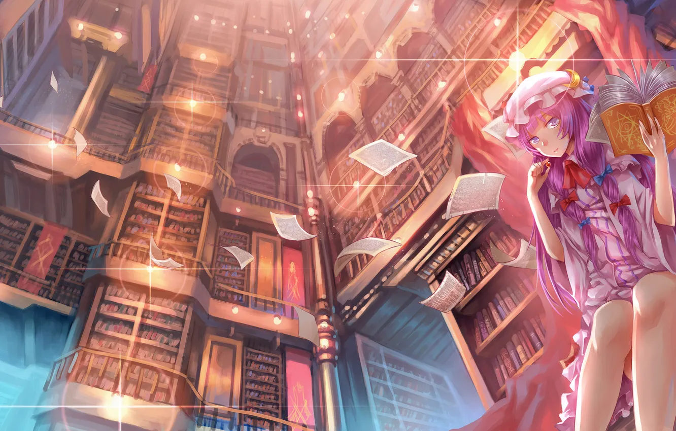Photo wallpaper look, girl, book, library, sheets, gesture, touhou, art