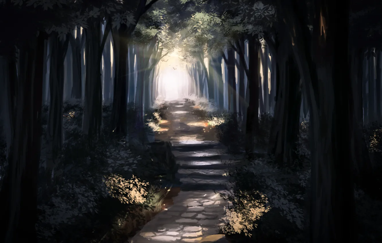 Photo wallpaper road, forest, trees, art, ladder, painted landscape