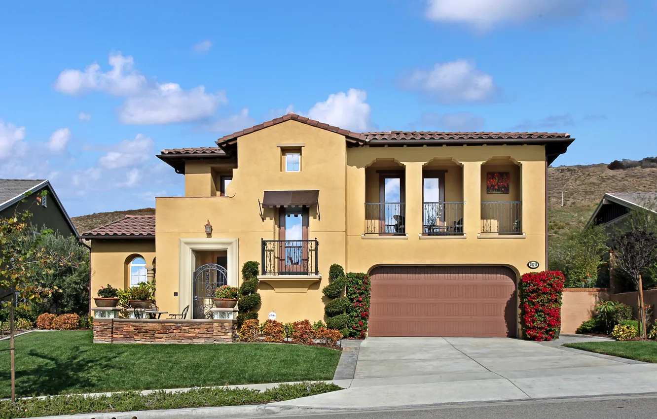 Photo wallpaper design, the city, photo, lawn, home, mansion, the bushes