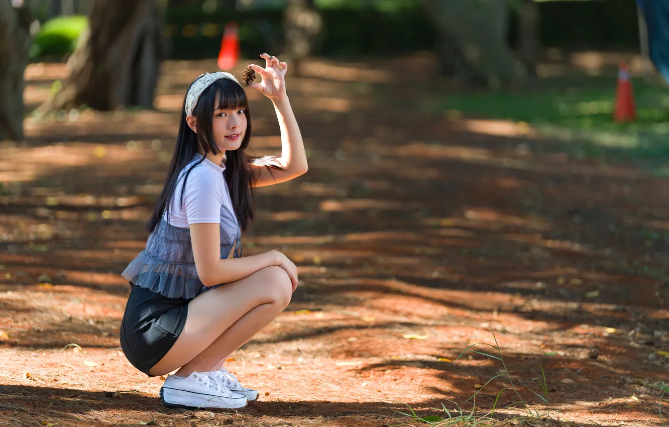 Photo wallpaper brunette, Asian, shorts, sitting, feet