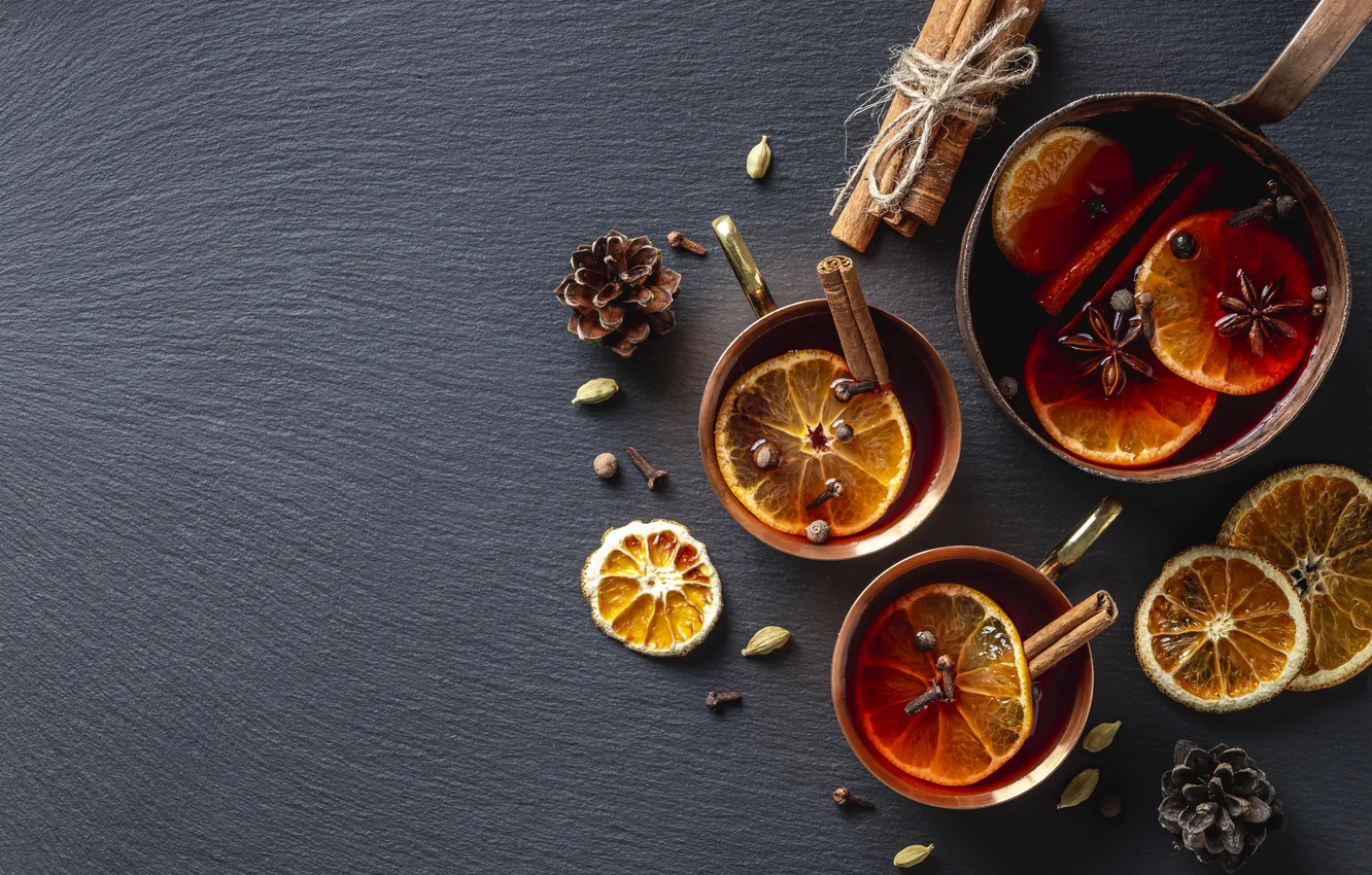 Photo wallpaper orange, citrus, Cup, tea, mulled wine, bumps, drink, the tea party