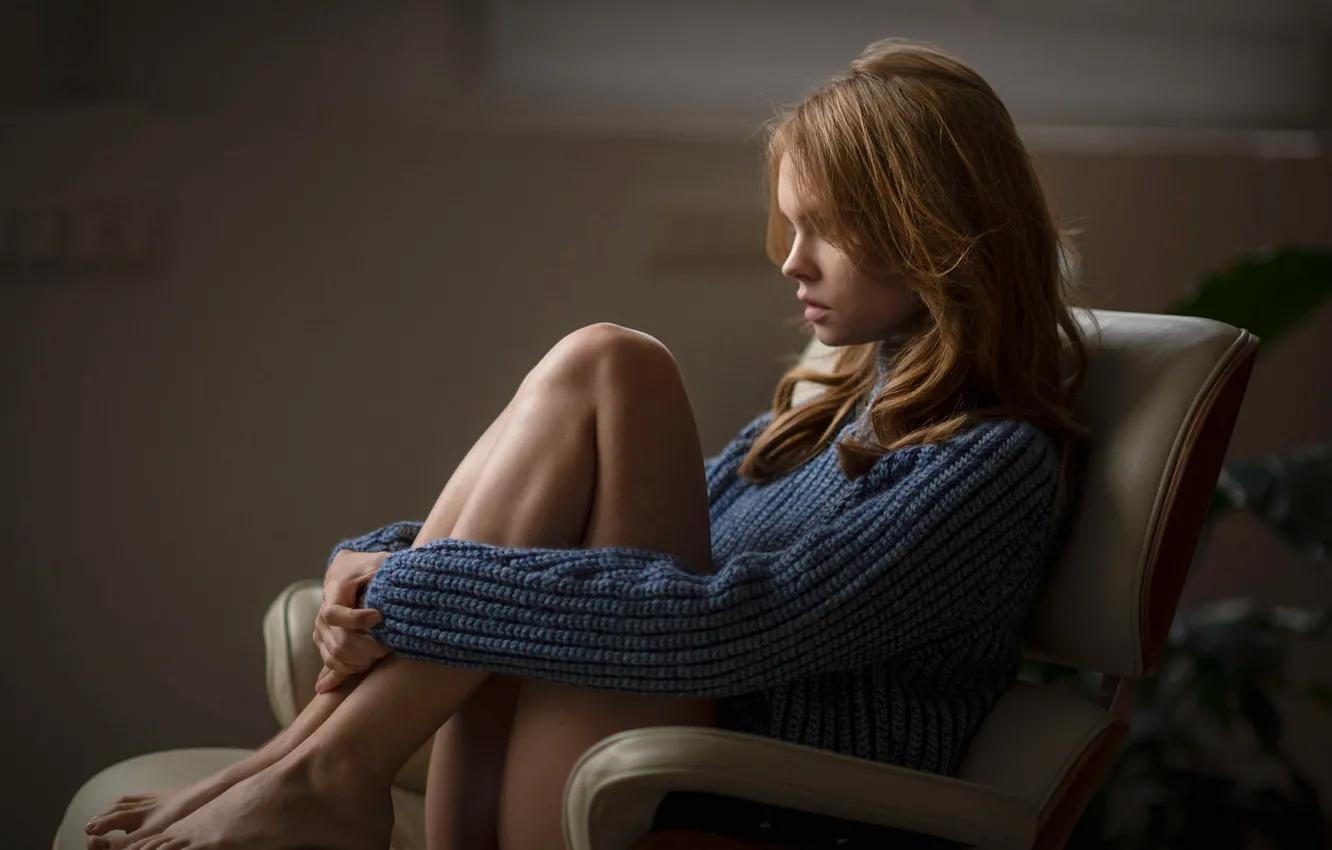 Photo wallpaper girl, pose, feet, model, chair, sweater, Anastasia Shcheglova, Chris Bos