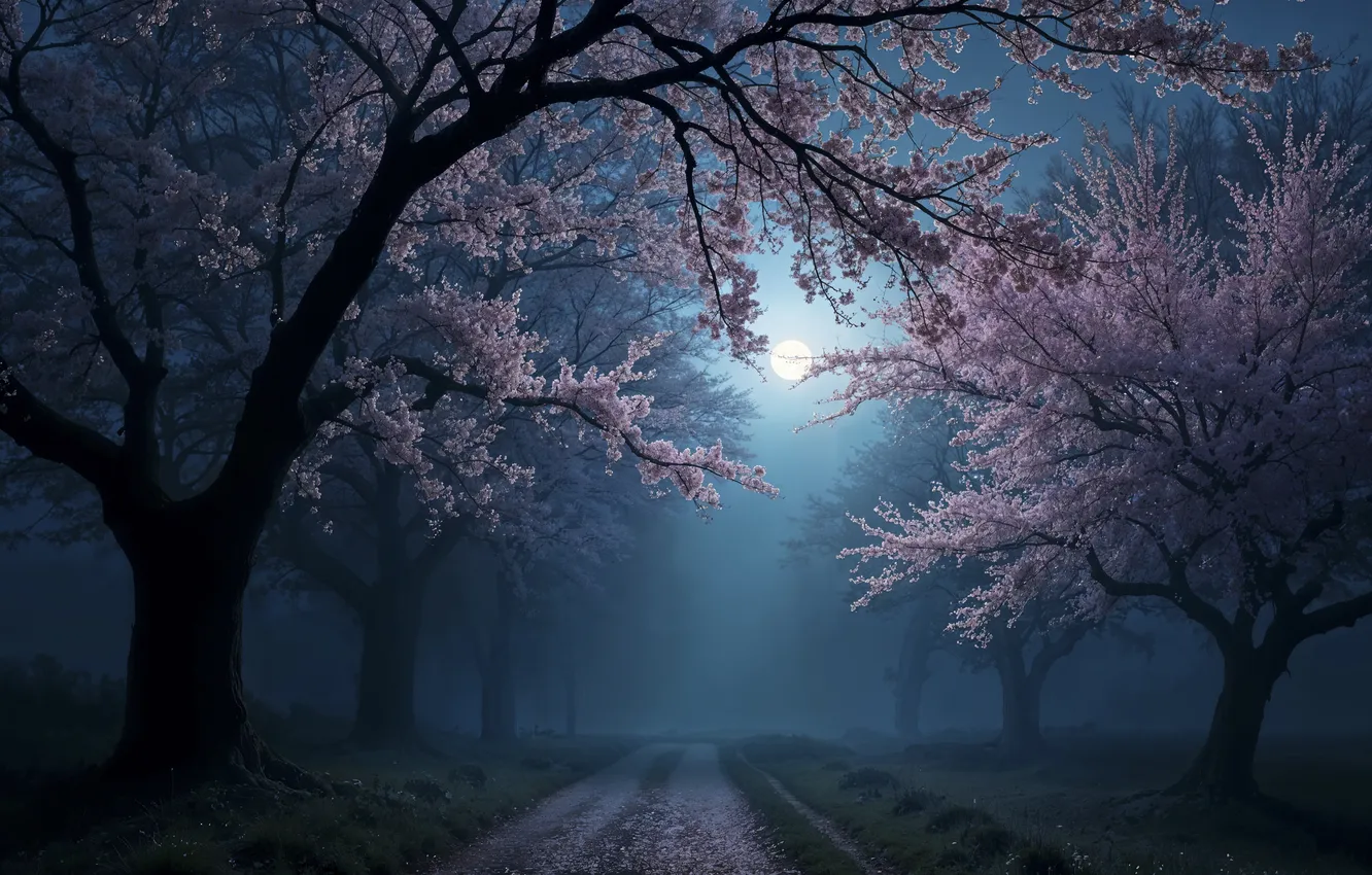 Photo wallpaper trees, Park, spring, Sakura, flowering, trees, pink, night