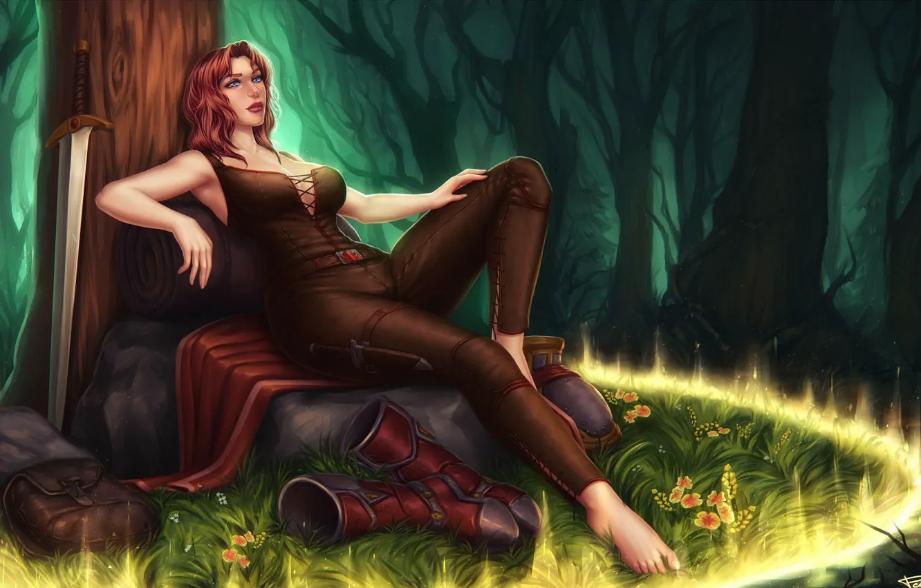 Photo wallpaper girl, trees, flowers