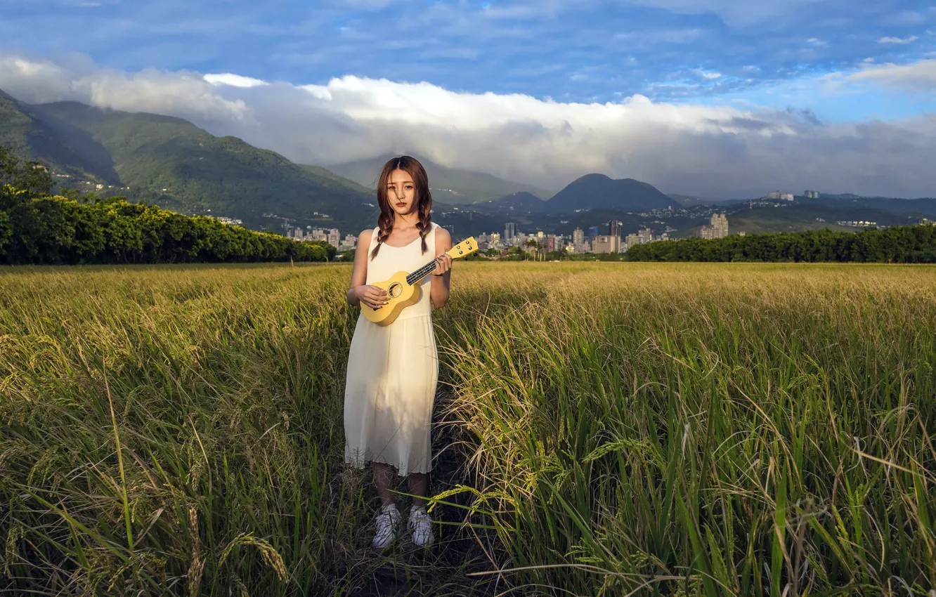 Photo wallpaper field, girl, guitar