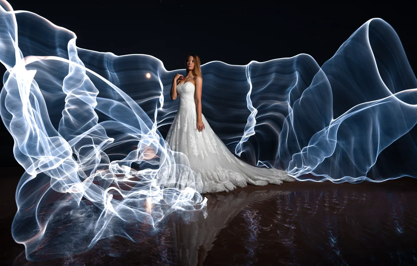 Photo wallpaper white, water, girl, light, line, style, reflection, dress