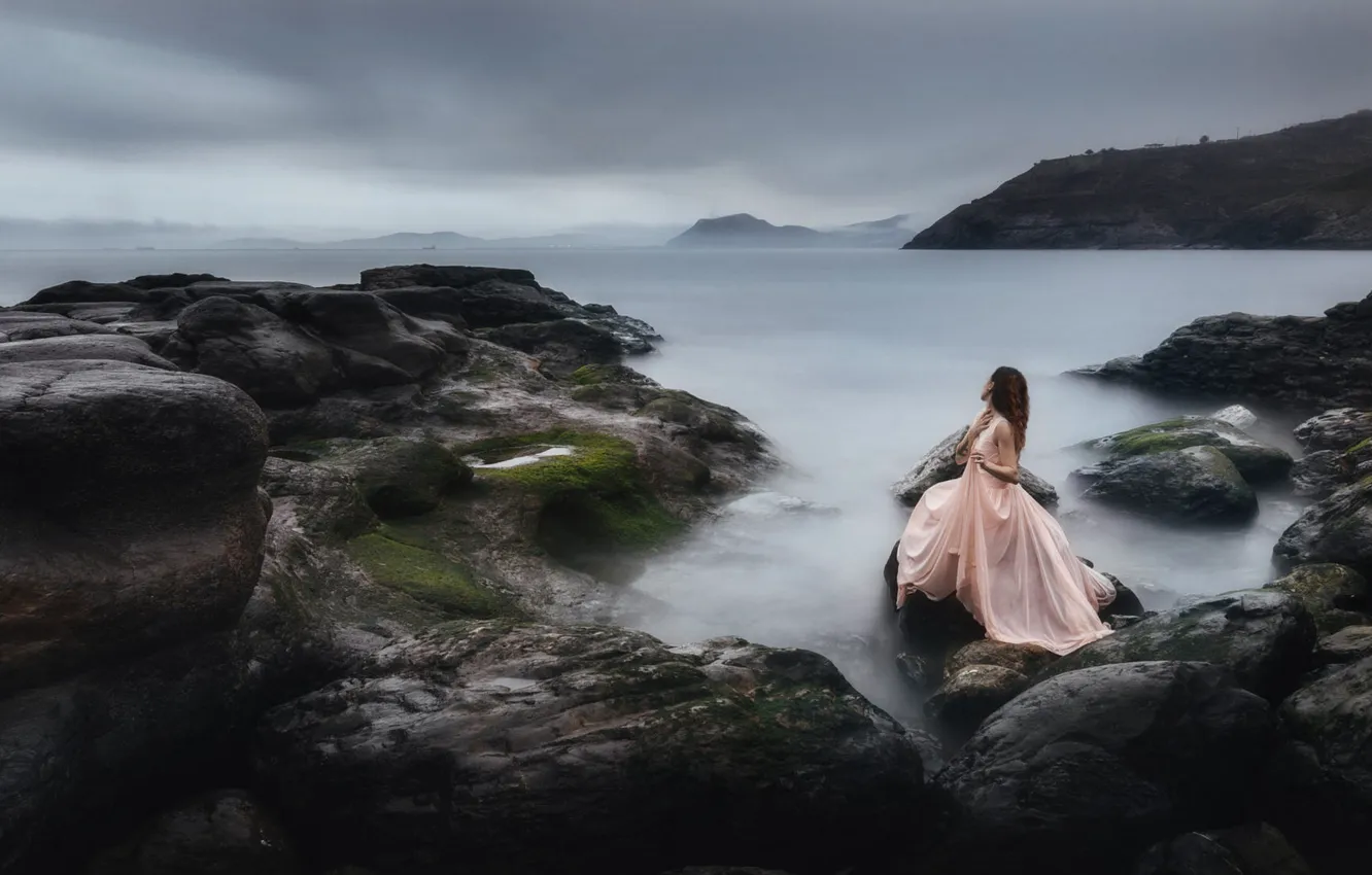 Photo wallpaper sea, the sky, girl, clouds, nature, pose, stones, overcast