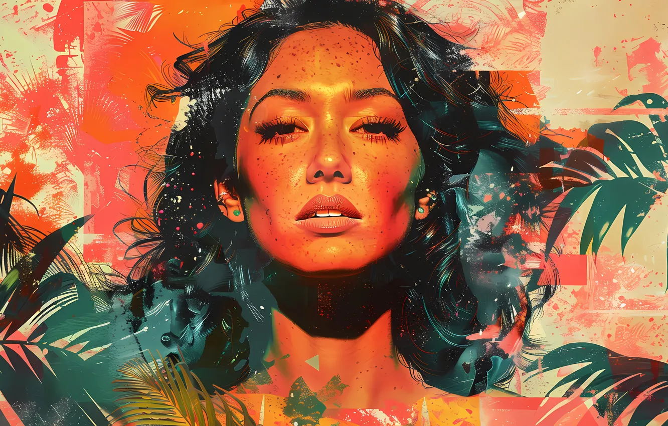 Photo wallpaper look, girl, retro, brunette, digital art, AI art, The Art of Artificial Intelligence, neural network