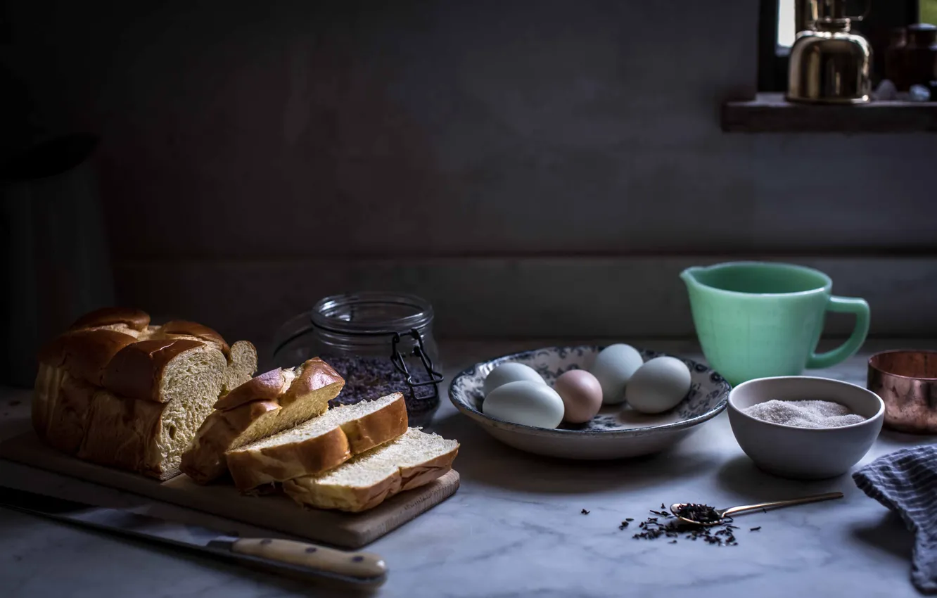 Photo wallpaper eggs, sugar, bread