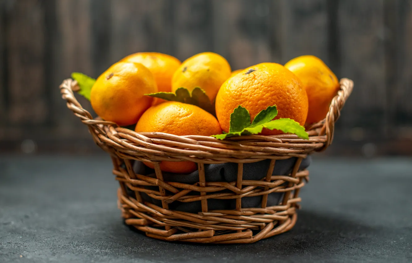 Photo wallpaper leaves, table, orange, fruit, grey background, basket, bokeh, composition