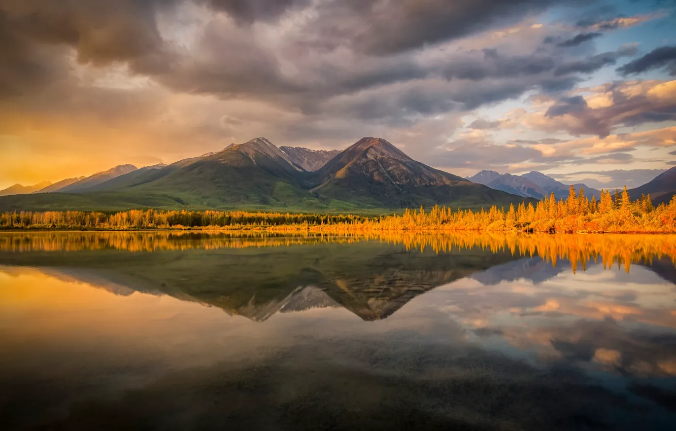 Photo wallpaper autumn, forest, the sky, clouds, trees, mountains, yellow, lake