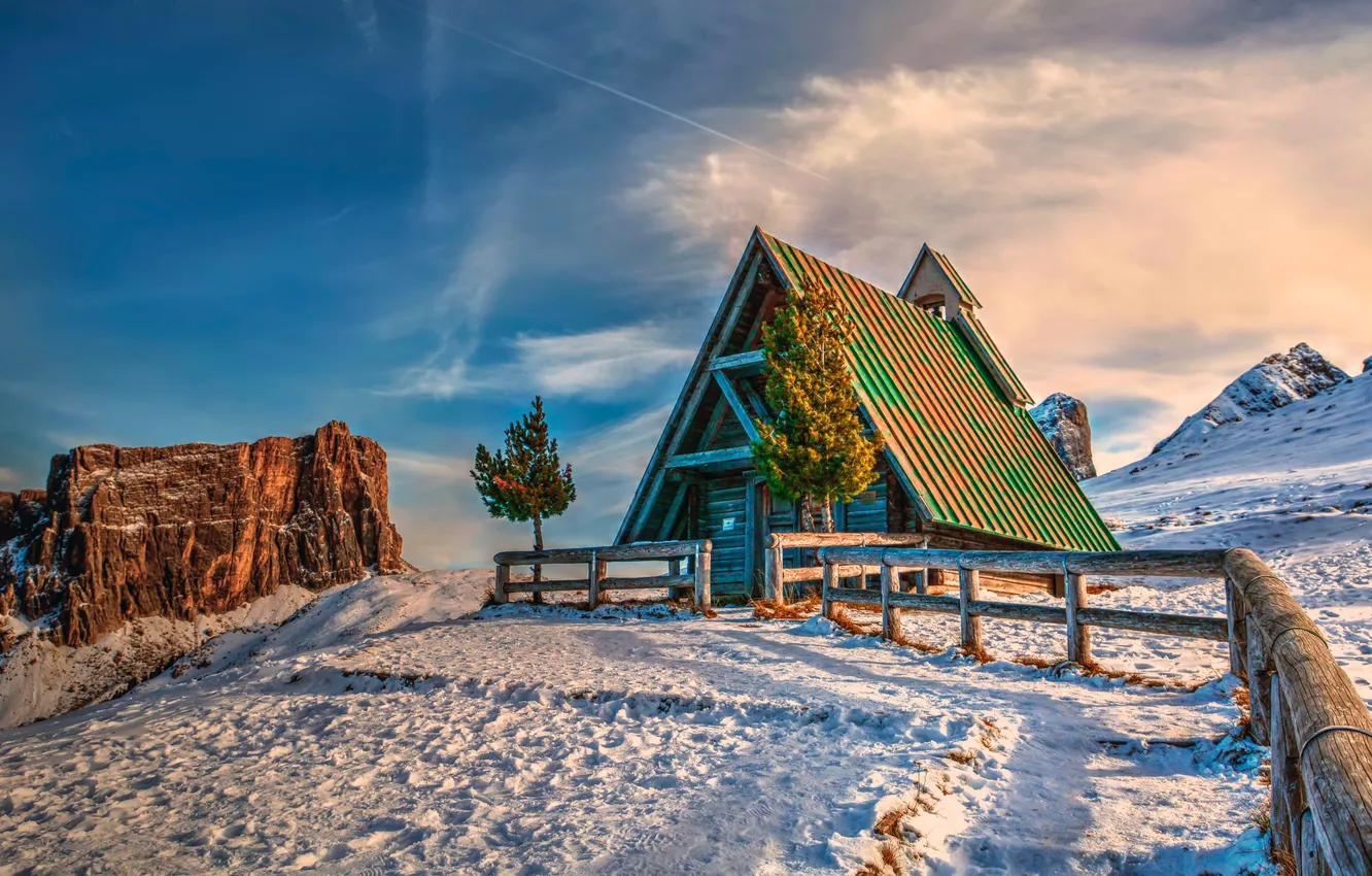 Photo wallpaper snow, mountains, chapel