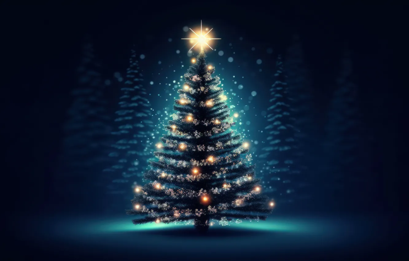 Photo wallpaper winter, forest, stars, light, snow, night, lights, lights