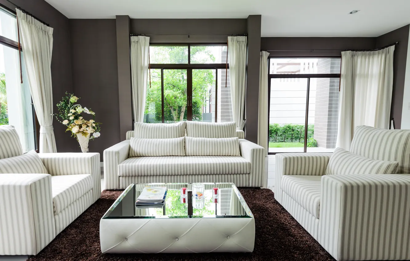 Photo wallpaper design, photo, table, sofa, carpet, interior, curtains, living room