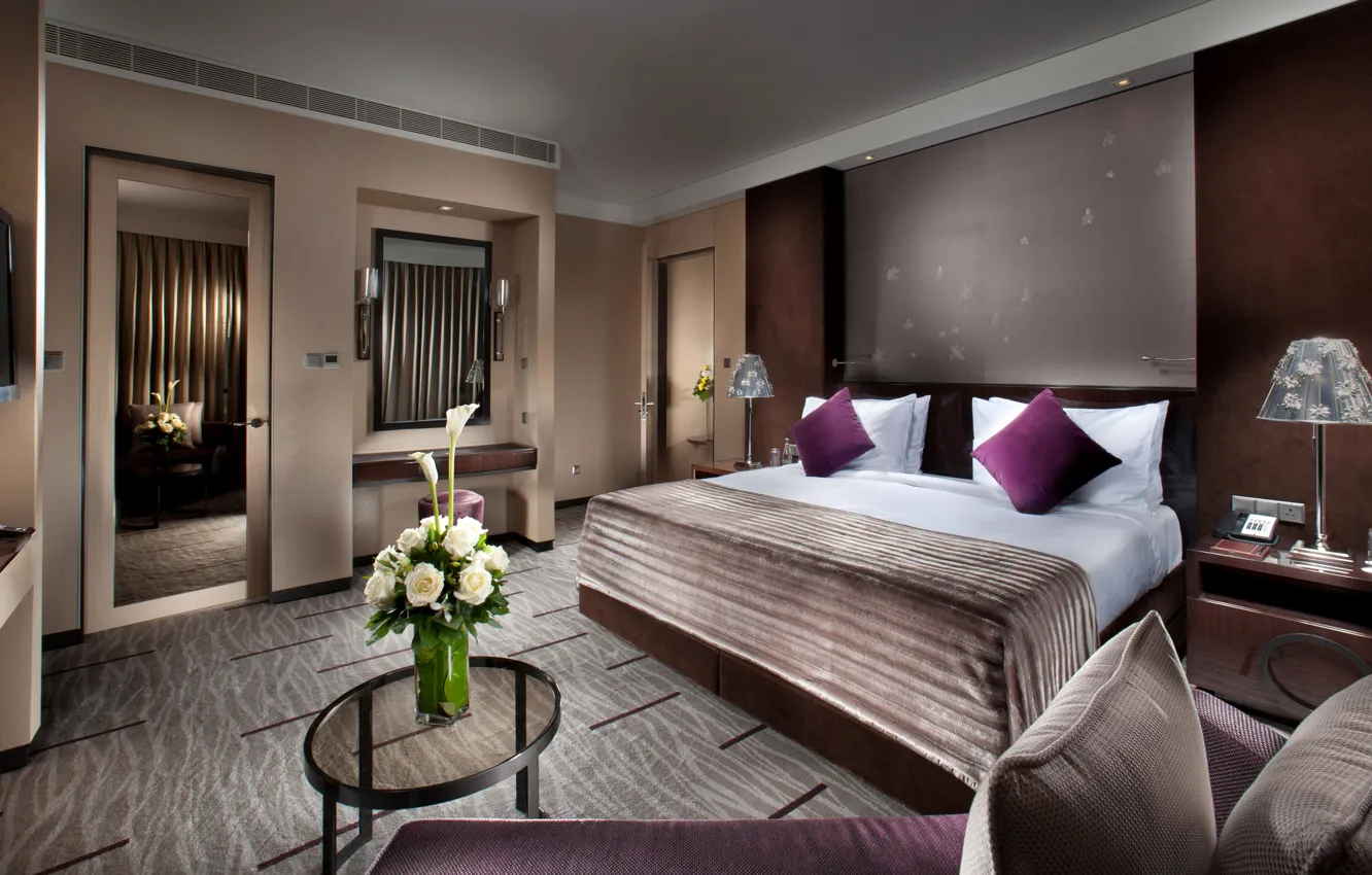 Photo wallpaper flowers, design, style, room, bed, roses, interior, pillow