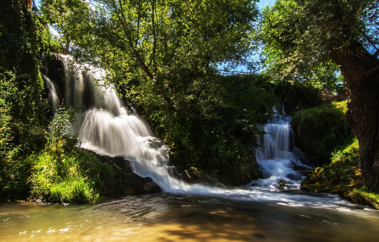 Photo wallpaper greens, the sun, trees, waterfall, Spain, the bushes, Guadalajara, Trillo