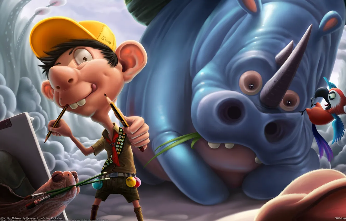 Photo wallpaper turtle, boy, parrot, artist, Rhino, Xing Jia Do