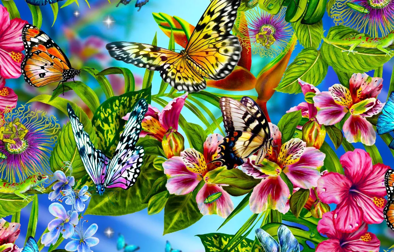 Photo wallpaper flowers, collage, butterfly, petals, insect