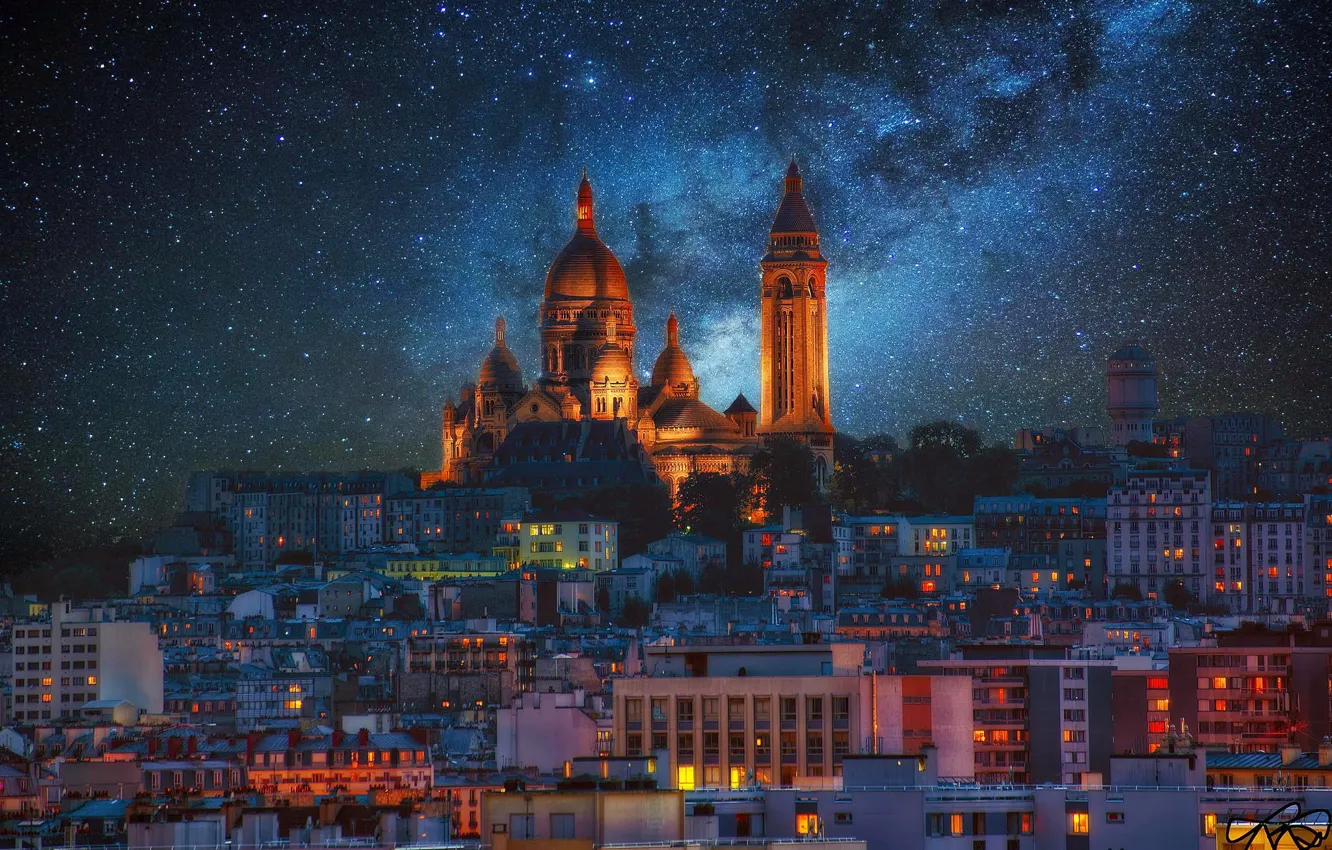Photo wallpaper stars, night, lights, France, Paris, the milky way, Montmartre