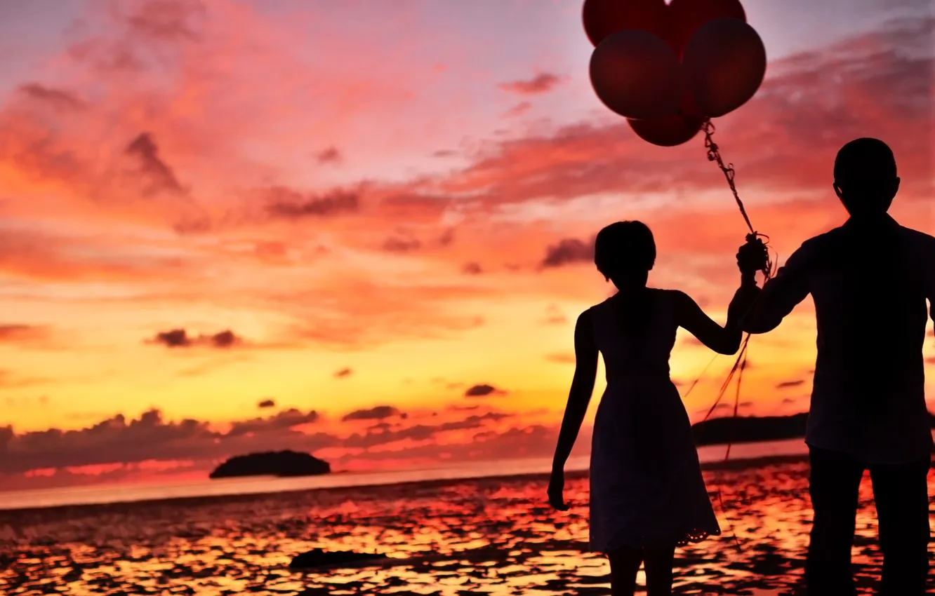 Photo wallpaper sea, wave, the sky, water, girl, clouds, balls, love