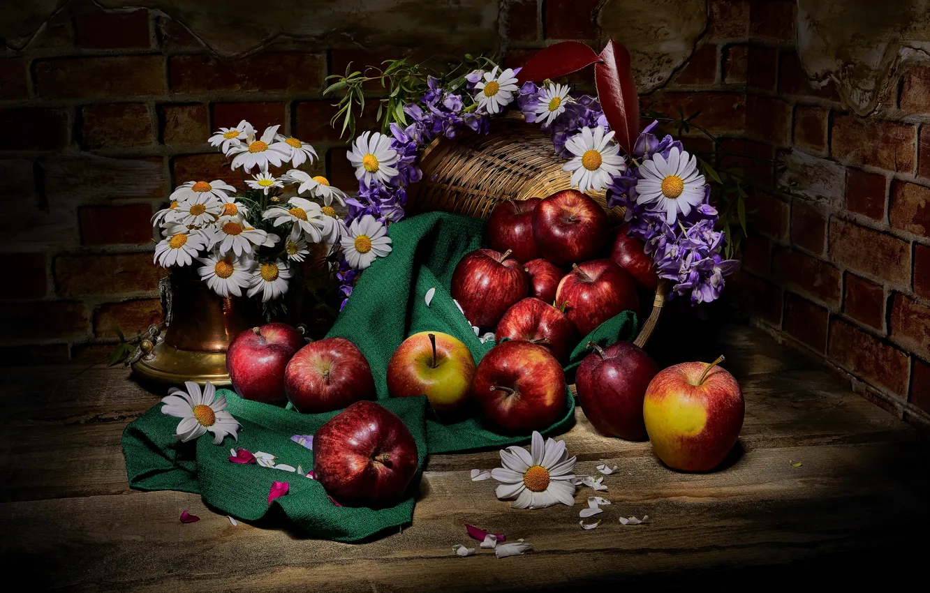 Photo wallpaper flowers, the dark background, apples, food, chamomile, fabric, still life, basket