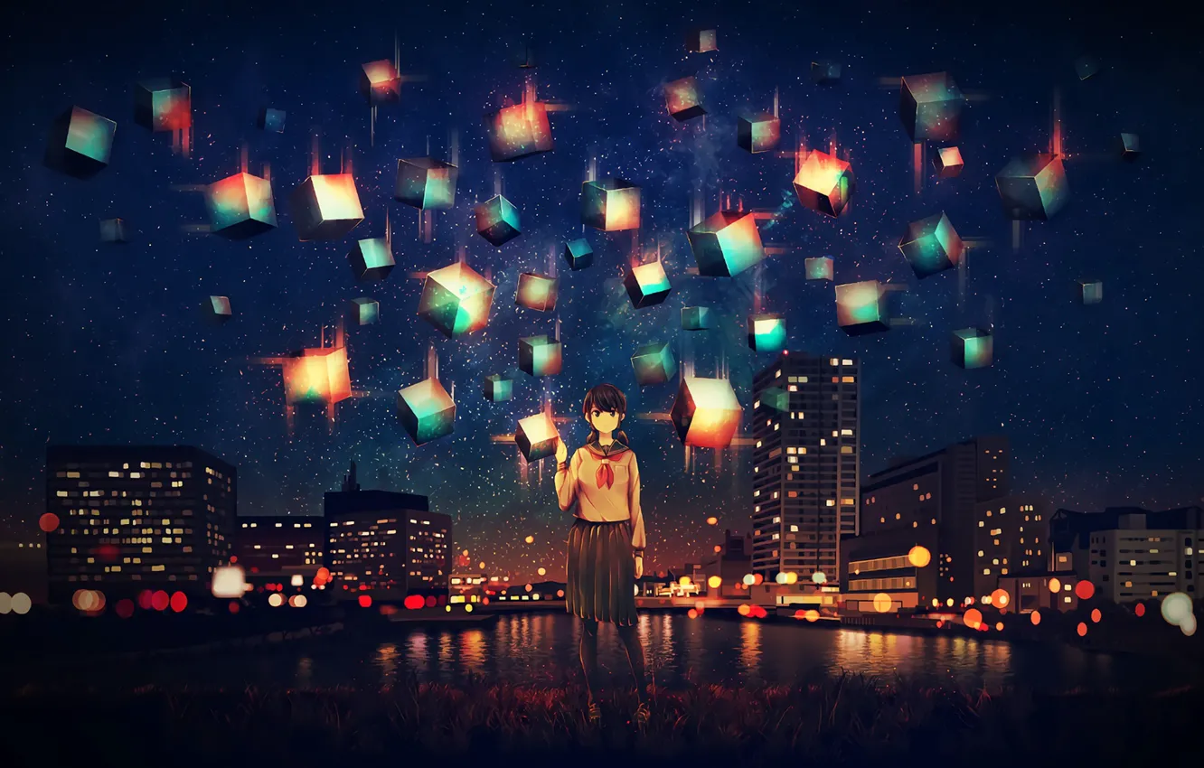 Photo wallpaper girl, night, the city, cubes, lanterns