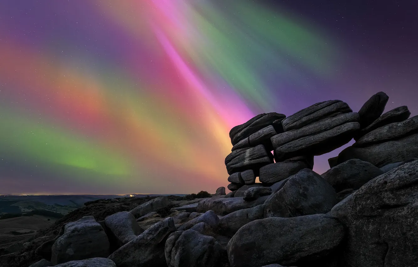 Photo wallpaper landscape, stones, rocks, Northern lights