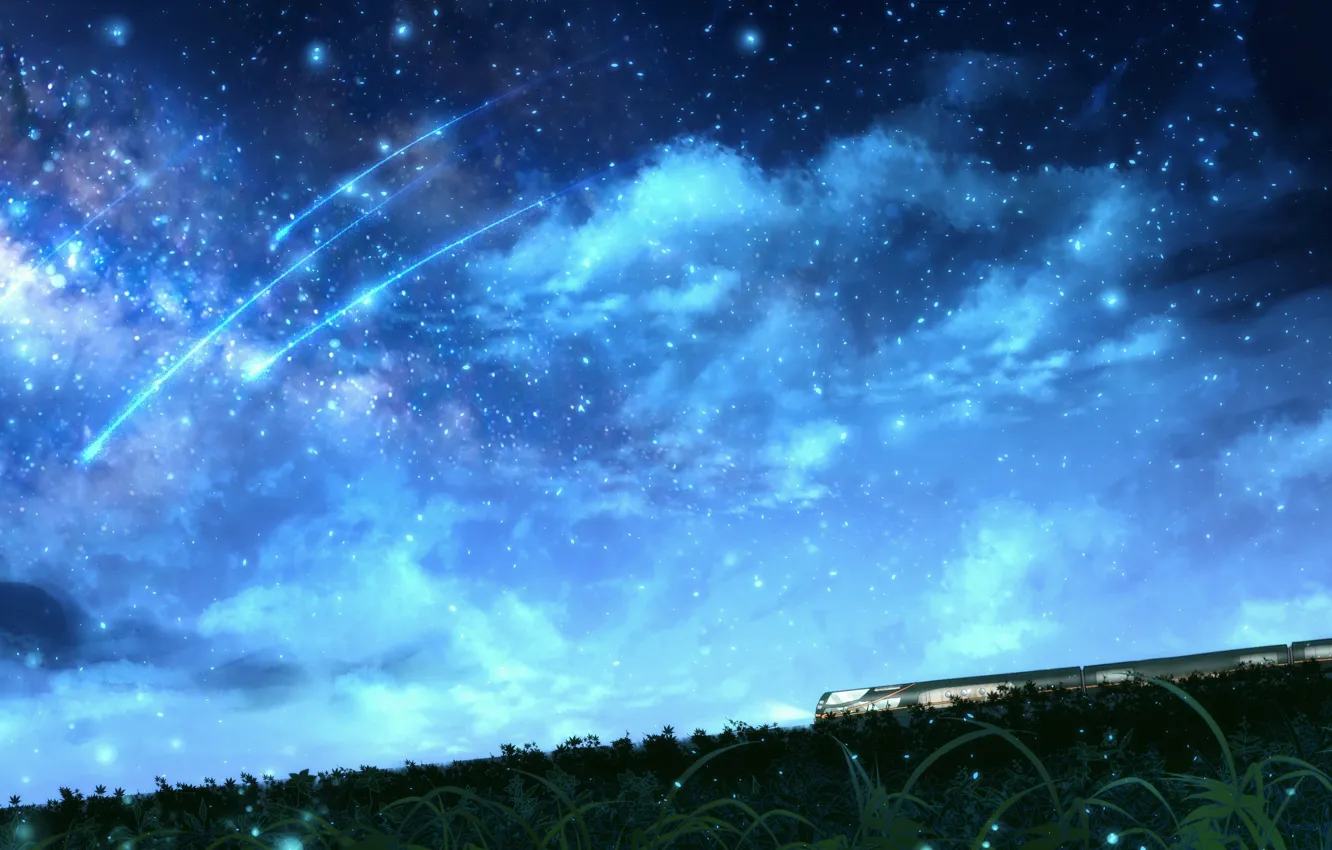 Photo wallpaper the sky, night, nature, train, shooting stars, OR